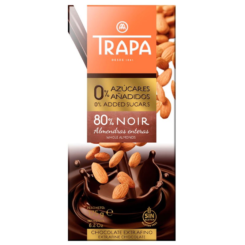 Chocolate Negro 80% con Almendras Sin Azucar TRAPA 175 GR | Cash Borosa
