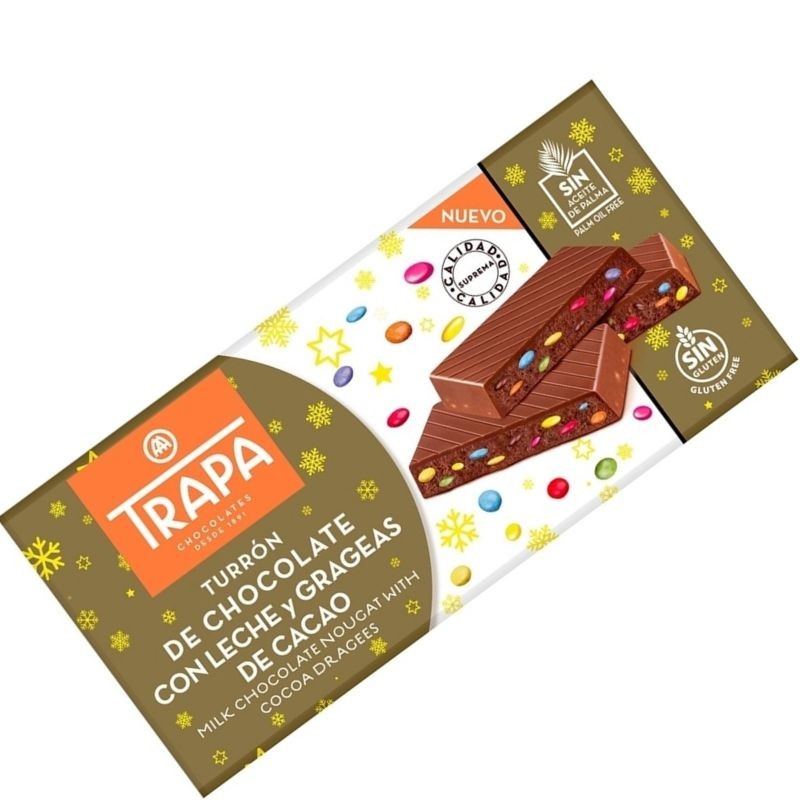 Turron de Chocolate y Leche y Grageas Choco TRAPA 175 G | Cash Borosa